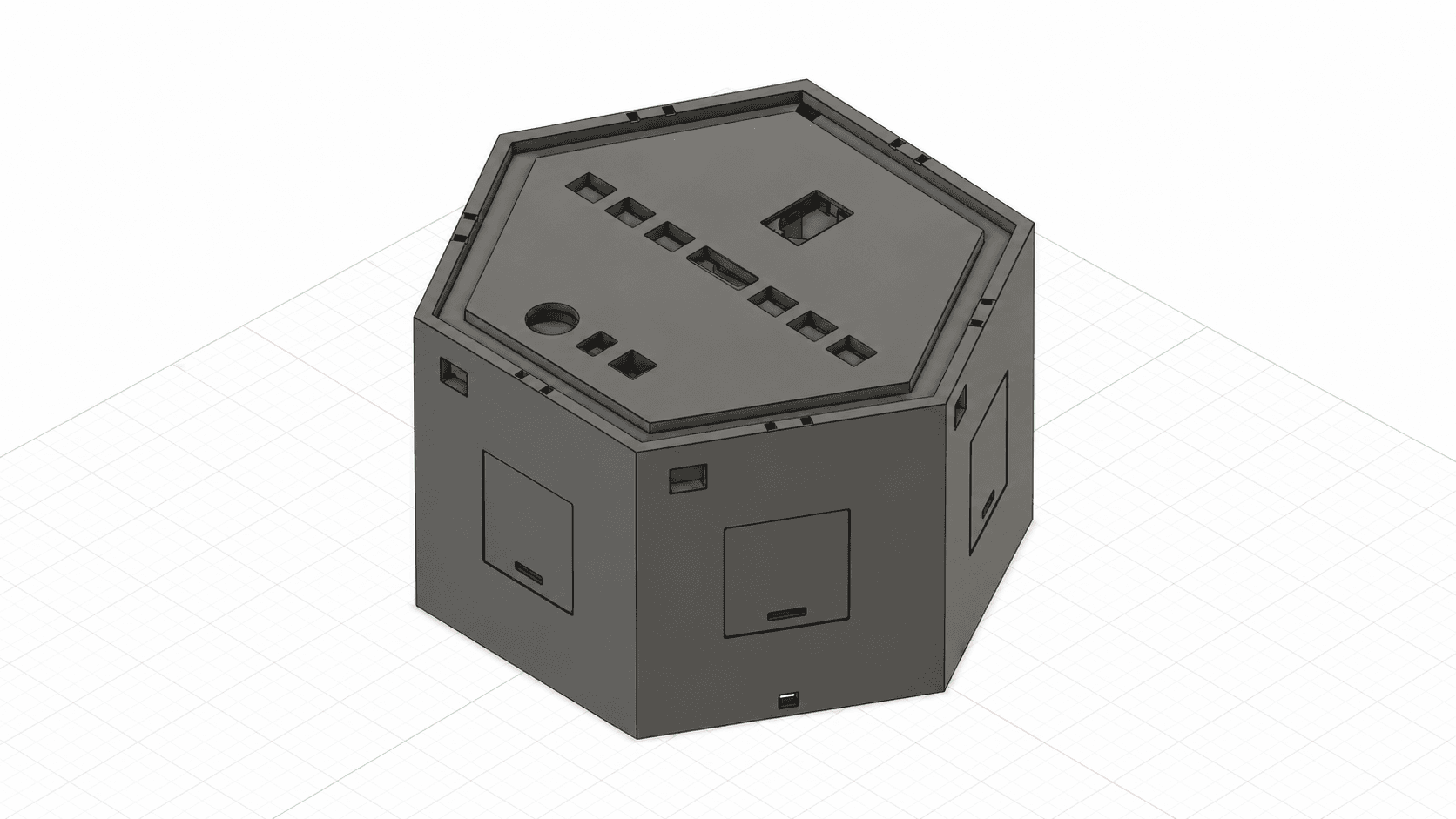 Modélisation 3D du boîtier hexagonal du jeu Le Roi de l’Hexagone avant fabrication.