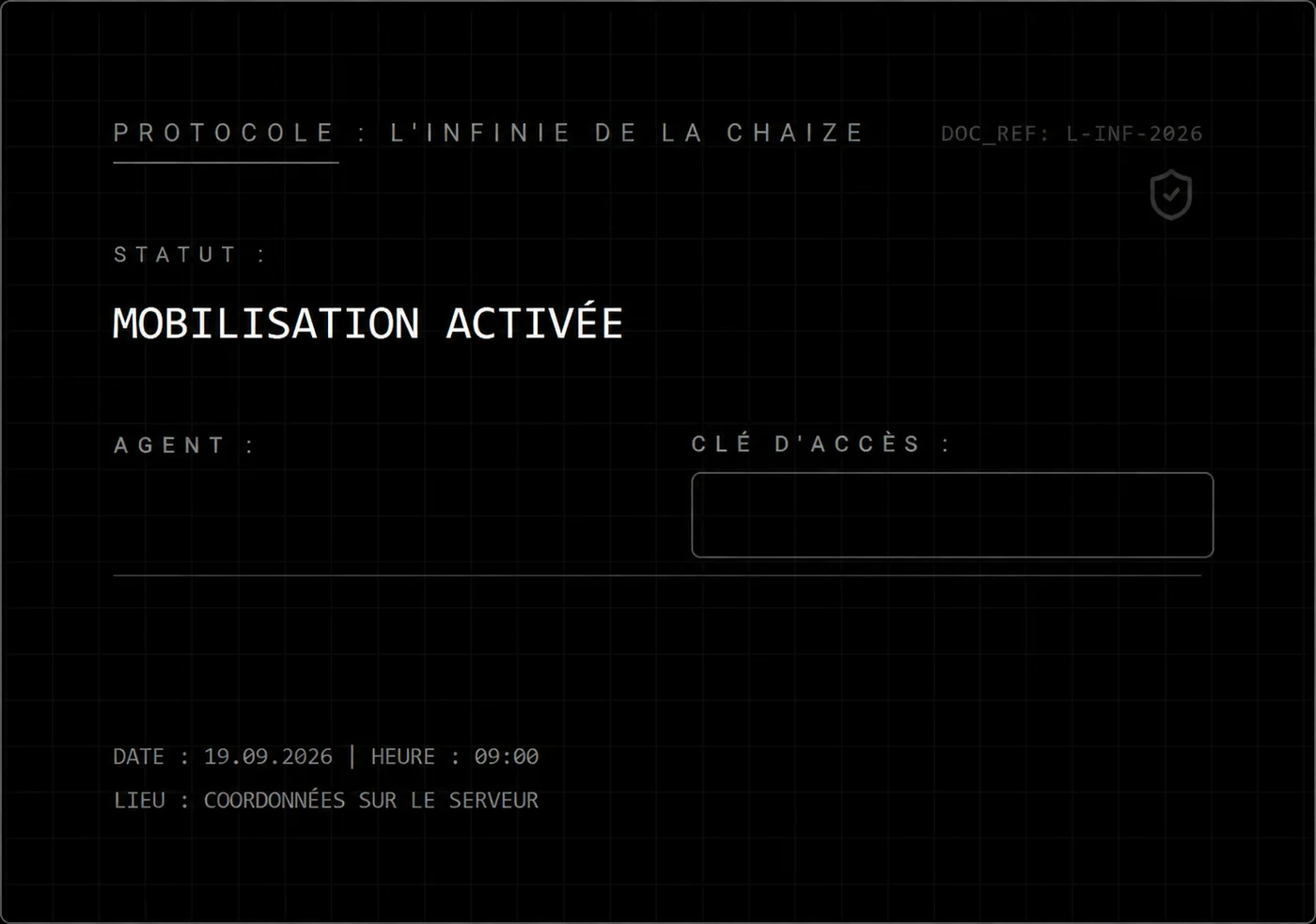 Back of the invitation, access fields left blank for publication.