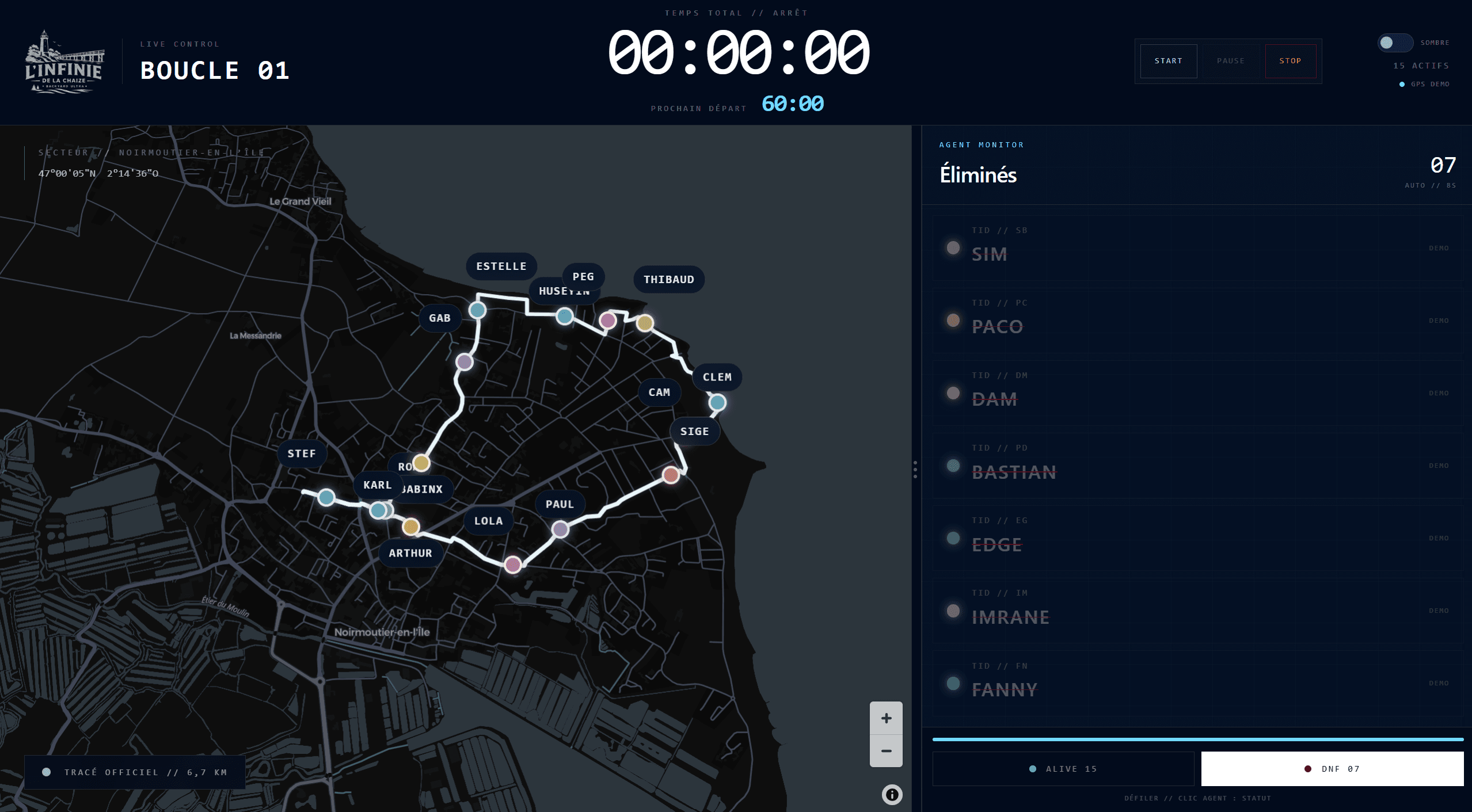 Live tracking dashboard, dark theme, course map and runner status.