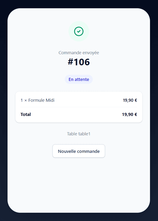 Écran de confirmation d’une commande QR Menu.