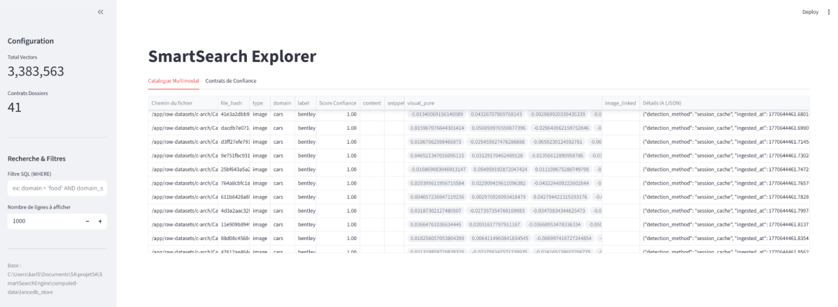 Interface SmartSearch Explorer affichant le catalogue multimodal indexé dans LanceDB, avec plus de 3,3 millions de vecteurs et un filtre SQL.