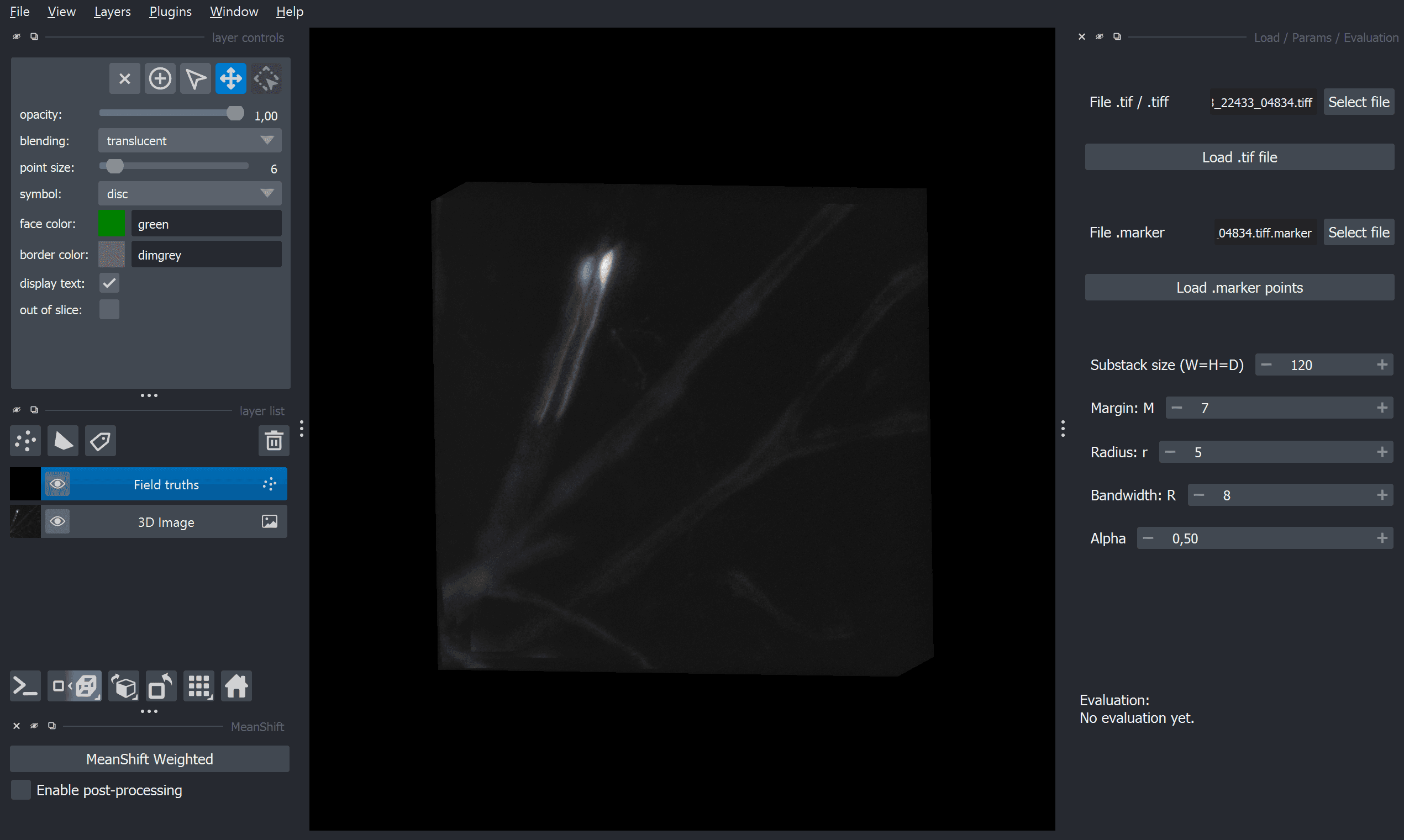 Napari interface: loading the volume and annotations, tuning the weighted Mean Shift parameters, and 3D visualization.